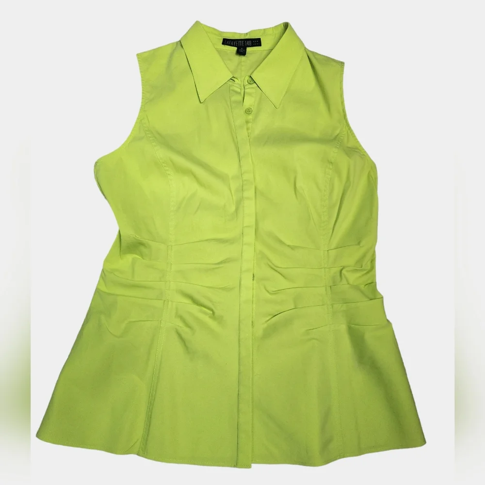 Lafayette 148 Blouse Top Sz 6 Georgina Sleeveless Button Up Ruched Neon Green - Picture 2 of 8
